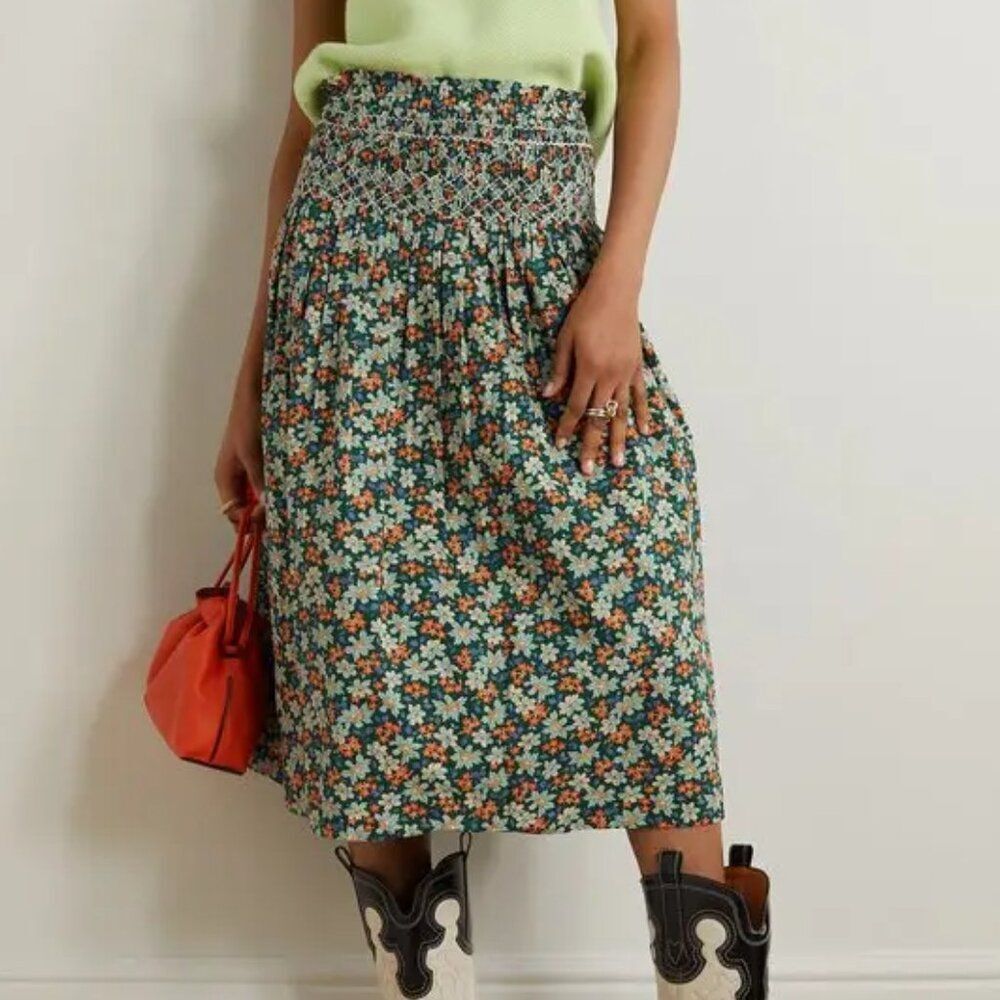 NWT Sea New York Peggy Floral Print Cotton Voile Midi Skirt Forest Green Smocked